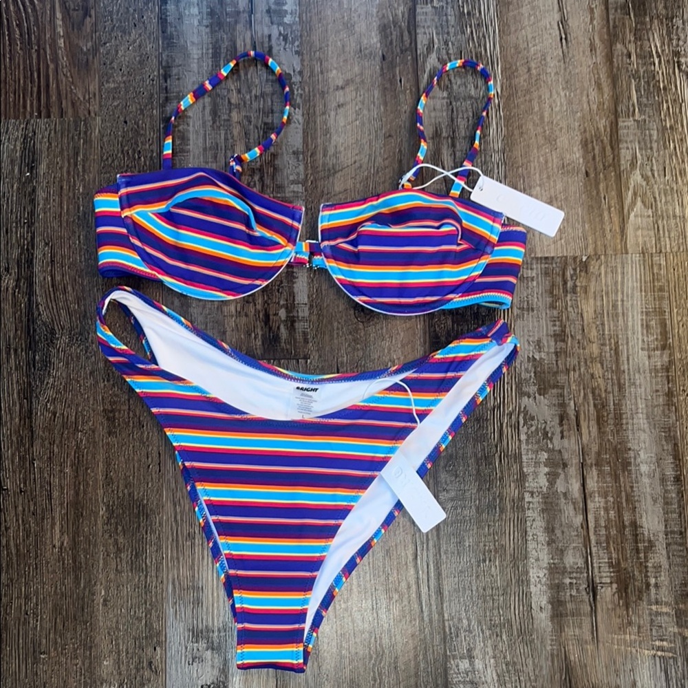 Striped Multi-Color Women's Bikini Set Underwire Top & High-Cut Bottom